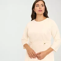 London Times Womens Plus 3/4 Sleeve Midi Fit + Flare Dress