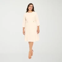 London Times Womens Plus 3/4 Sleeve Midi Fit + Flare Dress