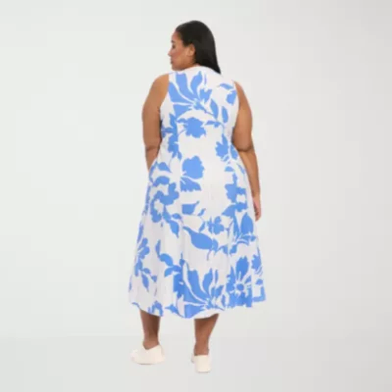 London Times Womens Plus Sleeveless Floral Midi Fit + Flare Dress