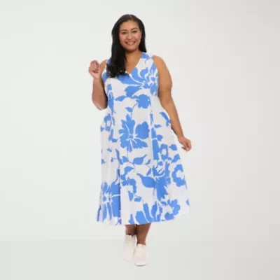 London Times Womens Plus Sleeveless Floral Midi Fit + Flare Dress