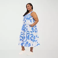 London Times Womens Plus Sleeveless Floral Midi Fit + Flare Dress
