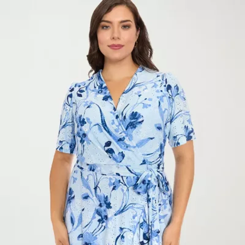 London Times Womens Plus Short Sleeve Abstract Midi Fit + Flare Dress