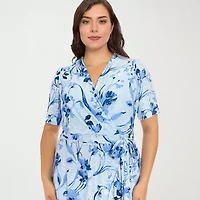 London Times Womens Plus Short Sleeve Abstract Midi Fit + Flare Dress