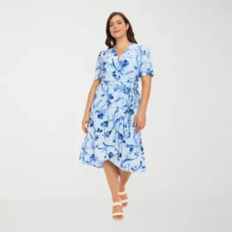 London Times Womens Plus Short Sleeve Abstract Midi Fit + Flare Dress