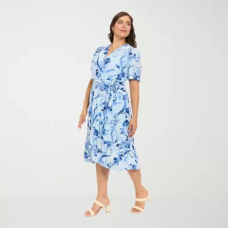 London Times Womens Plus Short Sleeve Abstract Midi Fit + Flare Dress