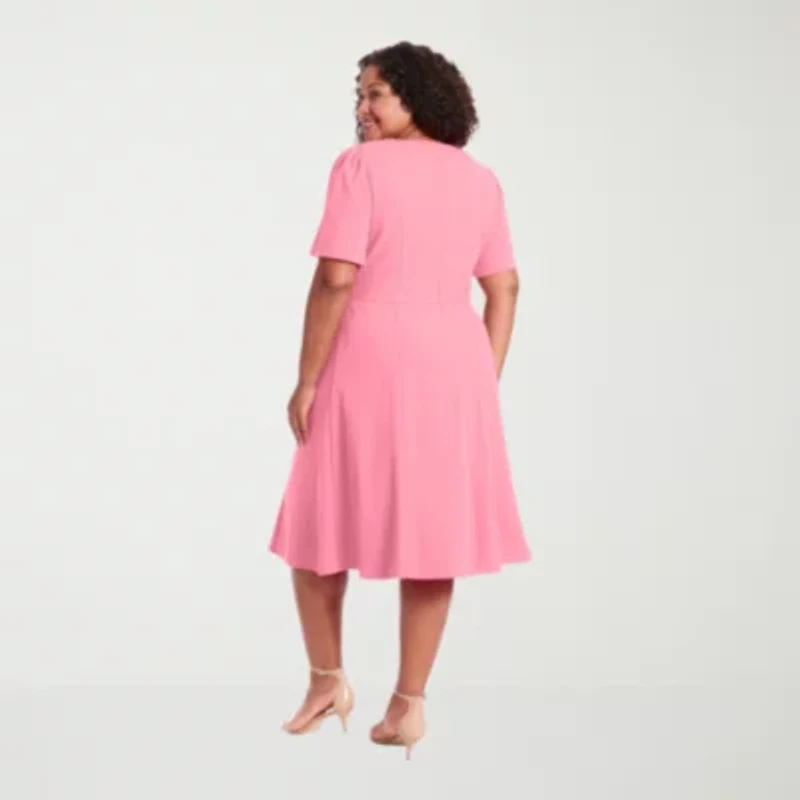 London Times Womens Plus Midi Round Neck Short Sleeve Puffed Fit + Flare Dress
