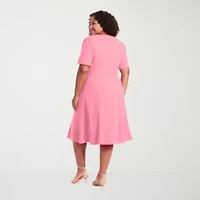 London Times Womens Plus Midi Round Neck Short Sleeve Puffed Fit + Flare Dress