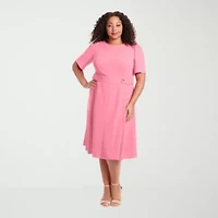 London Times Womens Plus Midi Round Neck Short Sleeve Puffed Fit + Flare Dress