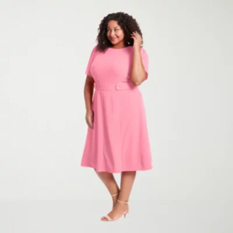 London Times Womens Plus Midi Round Neck Short Sleeve Puffed Fit + Flare Dress