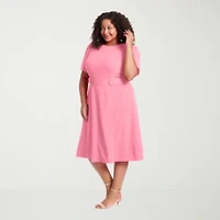 London Times Womens Plus Midi Round Neck Short Sleeve Puffed Fit + Flare Dress