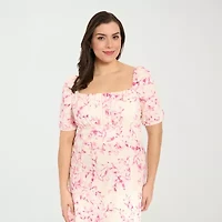 London Times Womens Plus Short Sleeve Floral Midi Fit + Flare Dress