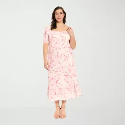 London Times Womens Plus Short Sleeve Floral Midi Fit + Flare Dress