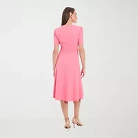London Times Womens Petite Short Sleeve Midi Fit + Flare Dress