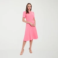 London Times Womens Petite Short Sleeve Midi Fit + Flare Dress
