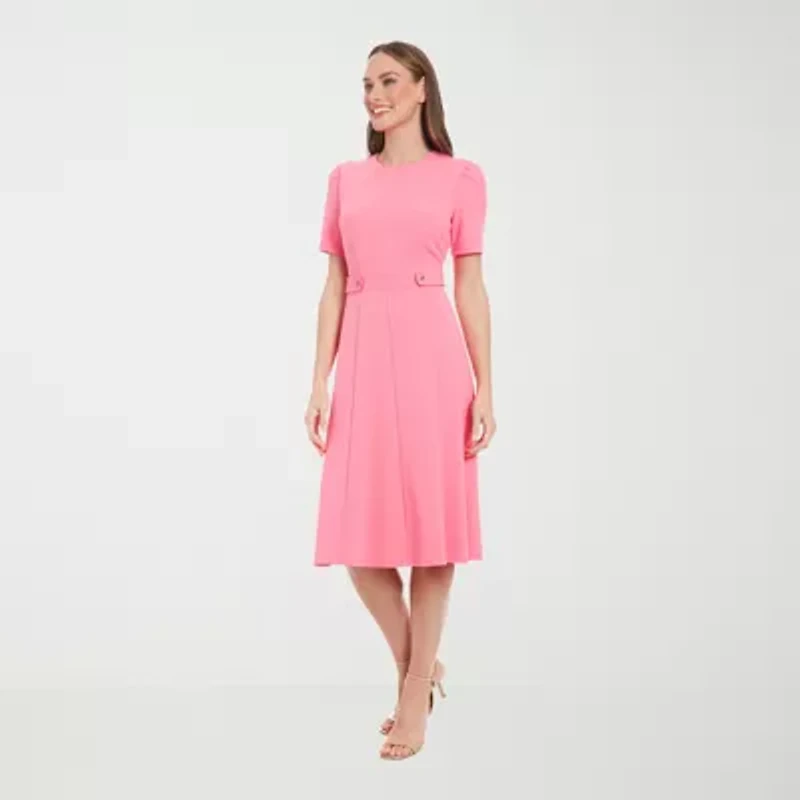 London Times Womens Petite Short Sleeve Midi Fit + Flare Dress