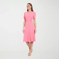 London Times Womens Petite Short Sleeve Midi Fit + Flare Dress
