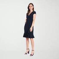 London Times Womens Petite Short Sleeve Fit + Flare Dress