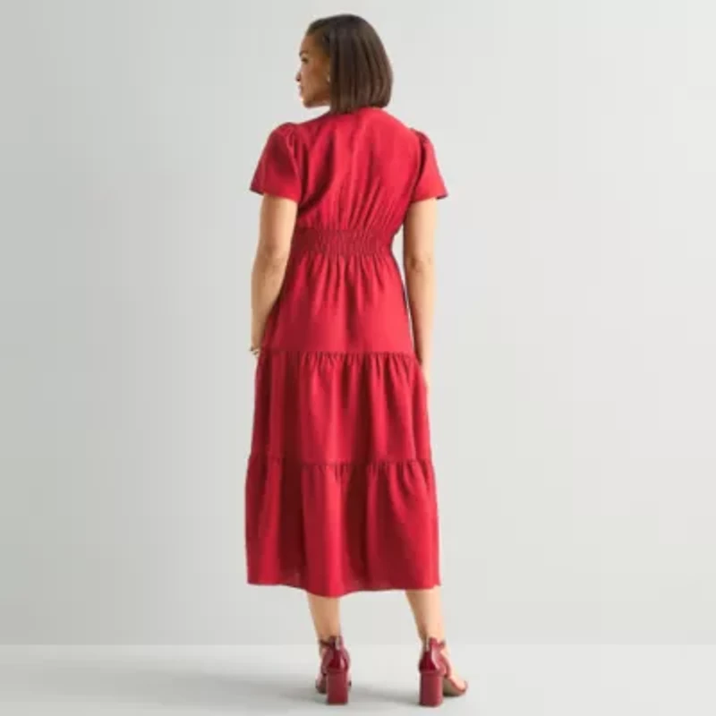 Liz Claiborne Womens Short Sleeve Midi Peasant Dress