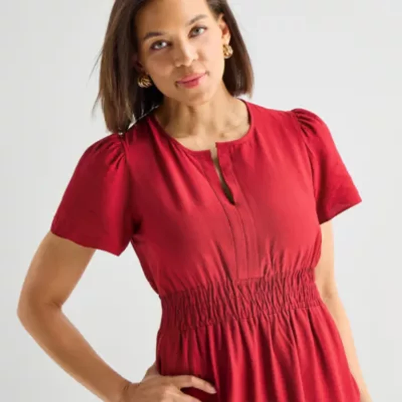 Liz Claiborne Womens Short Sleeve Midi Peasant Dress