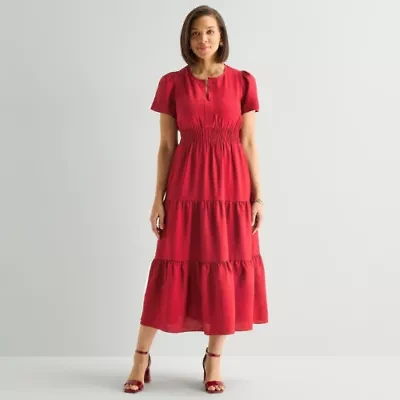 Liz Claiborne Womens Short Sleeve Midi Peasant Dress