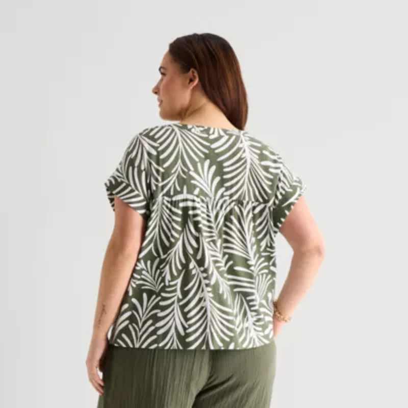 St. John's Bay Womens Plus Round Neck Short Sleeve Blouse