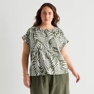 St. John's Bay Womens Plus Round Neck Short Sleeve Blouse