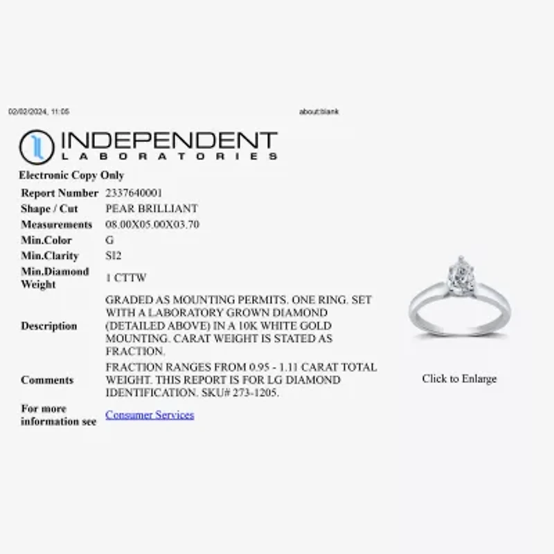 1 CT. Lab-Grown (G / SI2) Diamond Pear Solitaire Engagement Ring 10K or 14K Gold