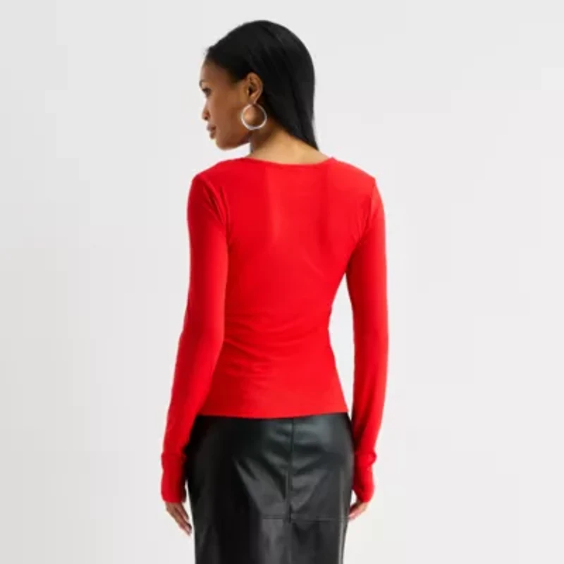 Worthington Womens Petite Crew Neck Long Sleeve Blouse