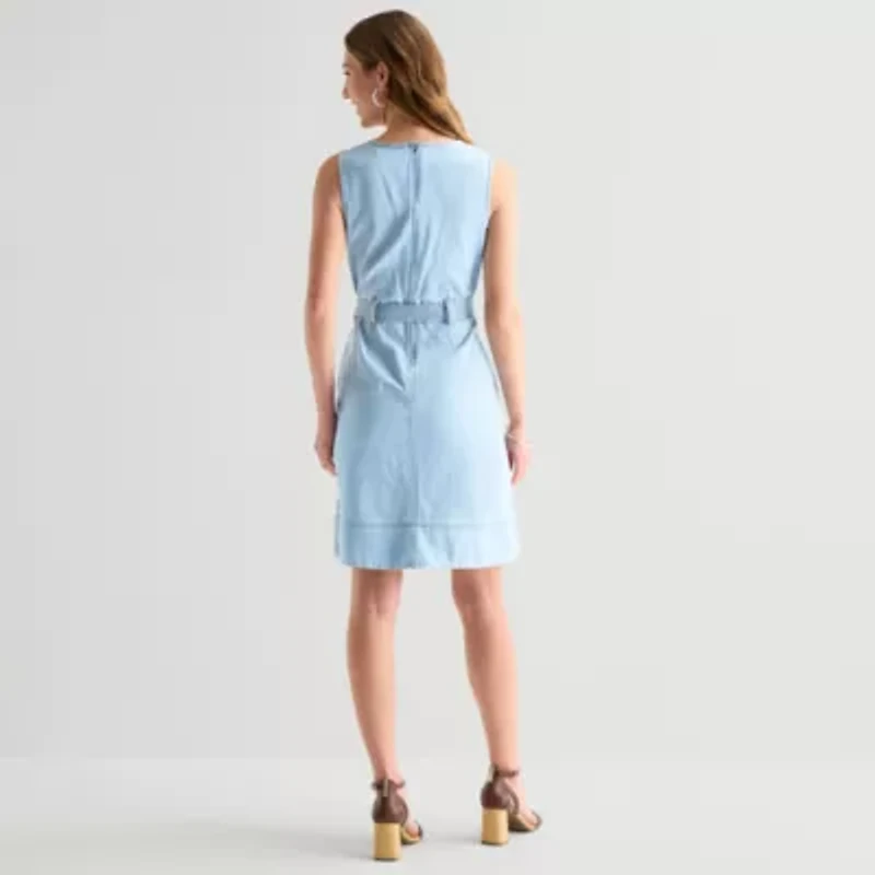 Liz Claiborne Womens Belted Sleeveless Midi Shift Dress