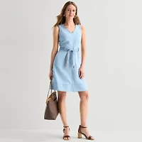 Liz Claiborne Womens Belted Sleeveless Midi Shift Dress