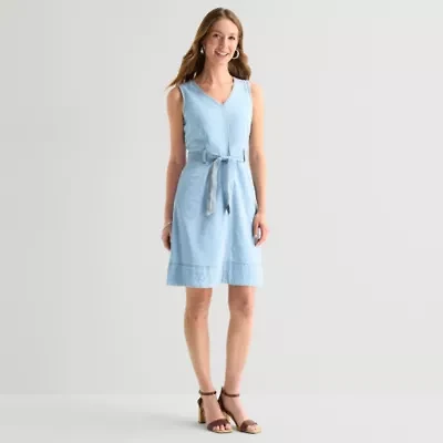 Liz Claiborne Womens Belted Sleeveless Midi Shift Dress
