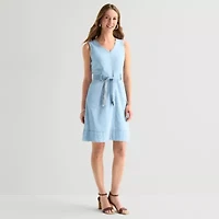 Liz Claiborne Womens Belted Sleeveless Midi Shift Dress