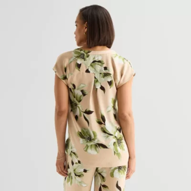 Liz Claiborne Womens Split Crew Neck Short Sleeve Satin Blouse