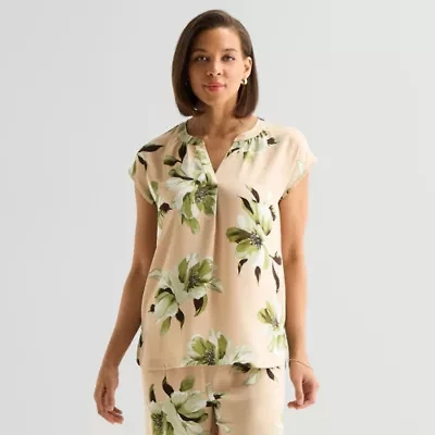 Liz Claiborne Womens Split Crew Neck Short Sleeve Satin Blouse