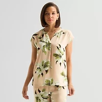 Liz Claiborne Womens Split Crew Neck Short Sleeve Satin Blouse