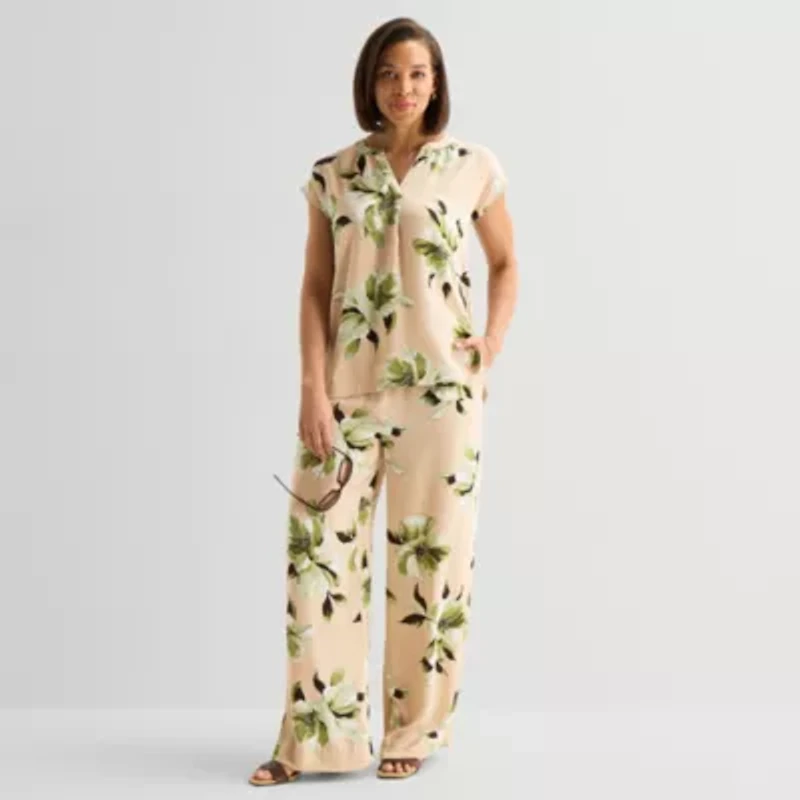 Liz Claiborne Womens Split Crew Neck Short Sleeve Satin Blouse