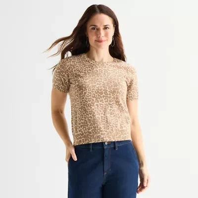 Liz Claiborne Womens Crew Neck Short Sleeve Pullover Sweater