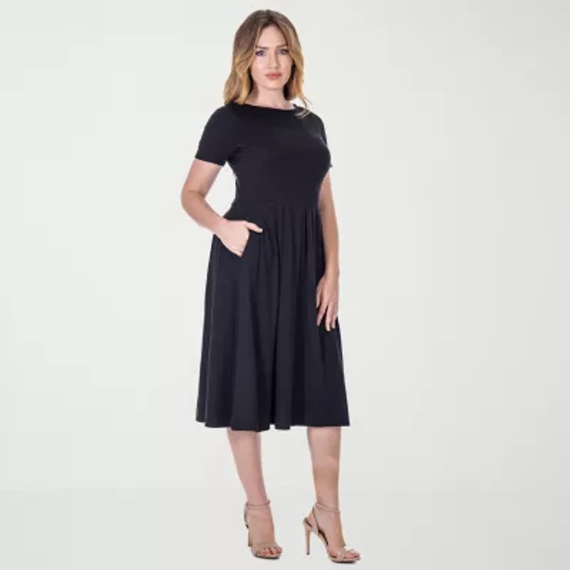 24seven Comfort Apparel Womens Short Sleeve Midi A-Line Dress