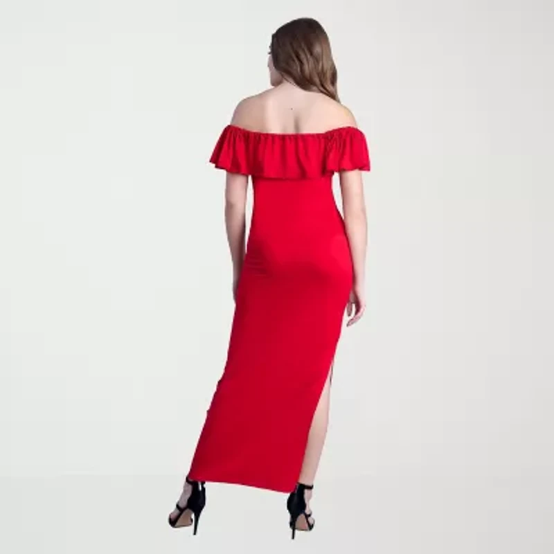 24seven Comfort Apparel Womens Straight Neck Short Sleeve Ruffled Maxi Dress