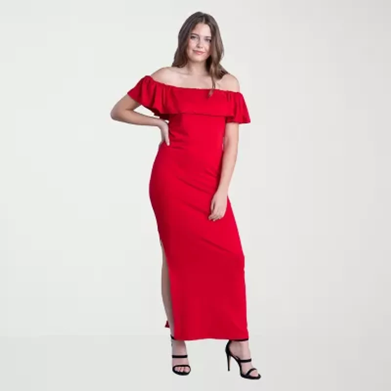 24seven Comfort Apparel Womens Straight Neck Short Sleeve Ruffled Maxi Dress