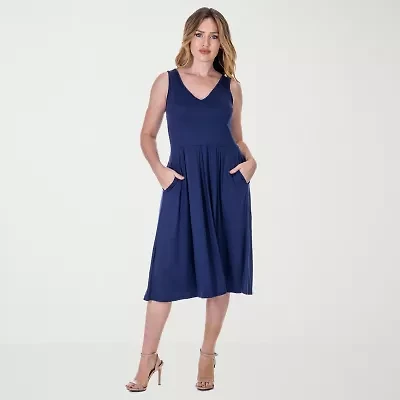 24seven Comfort Apparel Womens Midi V Neck Sleeveless Fit + Flare Dress