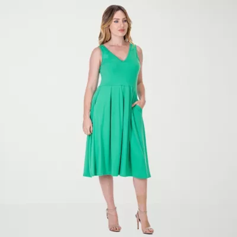 24seven Comfort Apparel Womens Sleeveless Midi Fit + Flare Dress