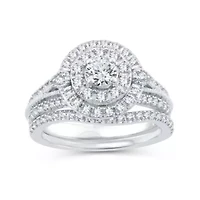 Womens 1 CT. T.W. Natural Diamond 10K White Gold Round Side Stone Halo Bridal Set