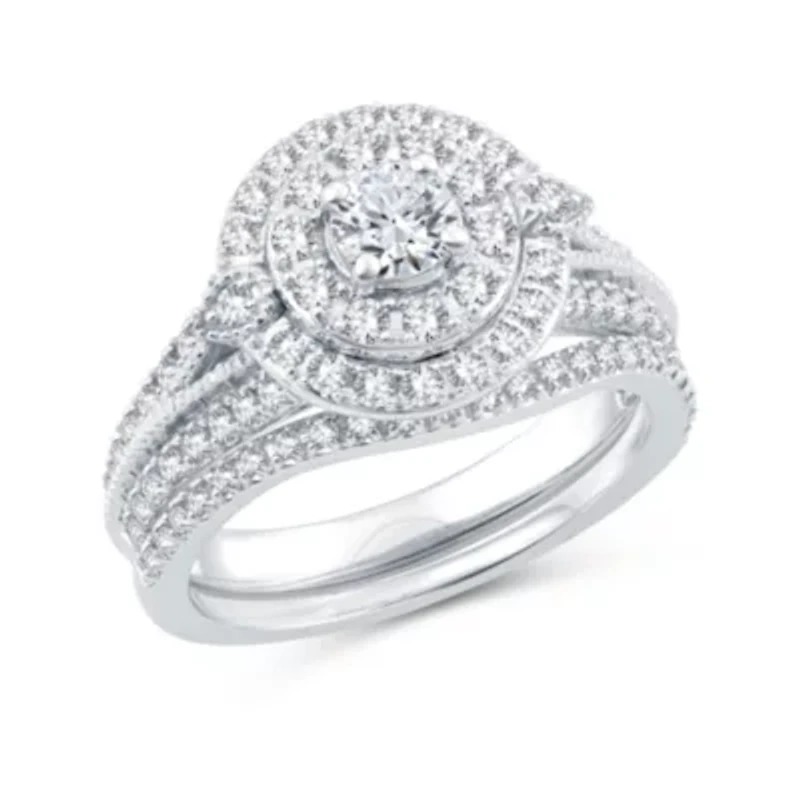 Womens 1 CT. T.W. Natural Diamond 10K White Gold Round Side Stone Halo Bridal Set