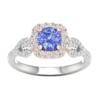 Modern Bride Gemstone Womens 1/3 CT. T.W. Genuine Blue Tanzanite 10K Rose Gold Cushion Side Stone Halo Engagement Ring