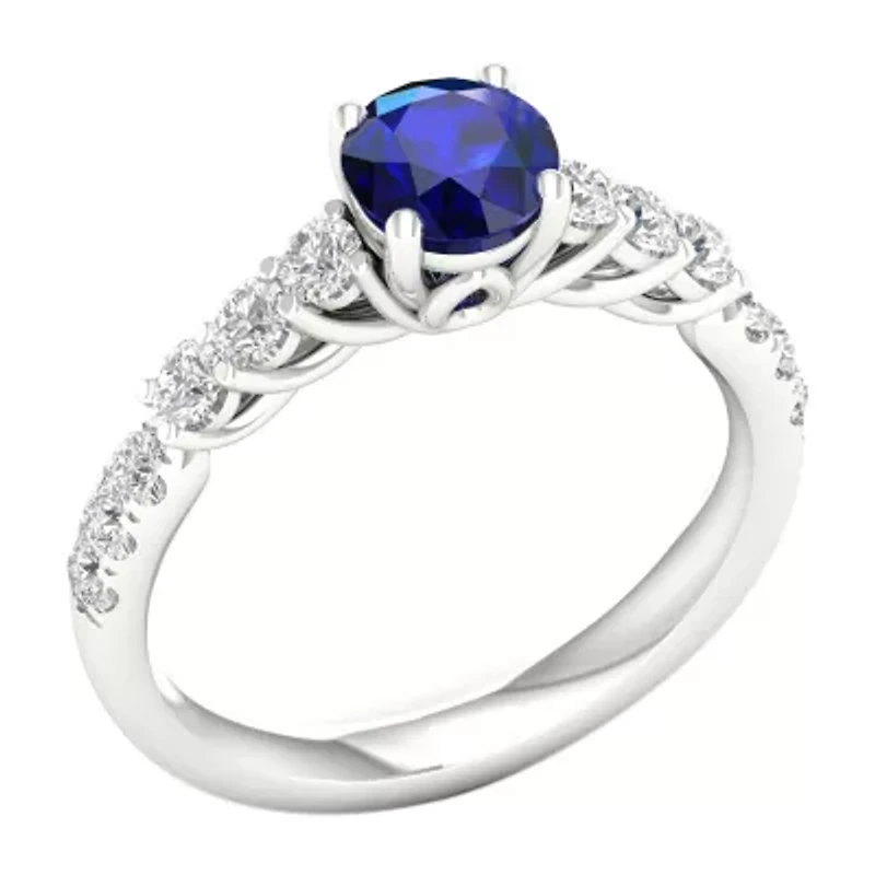 Modern Bride Gemstone Womens 1/2 CT. T.W. Genuine Blue Sapphire 10K White Gold Round Side Stone Engagement Ring