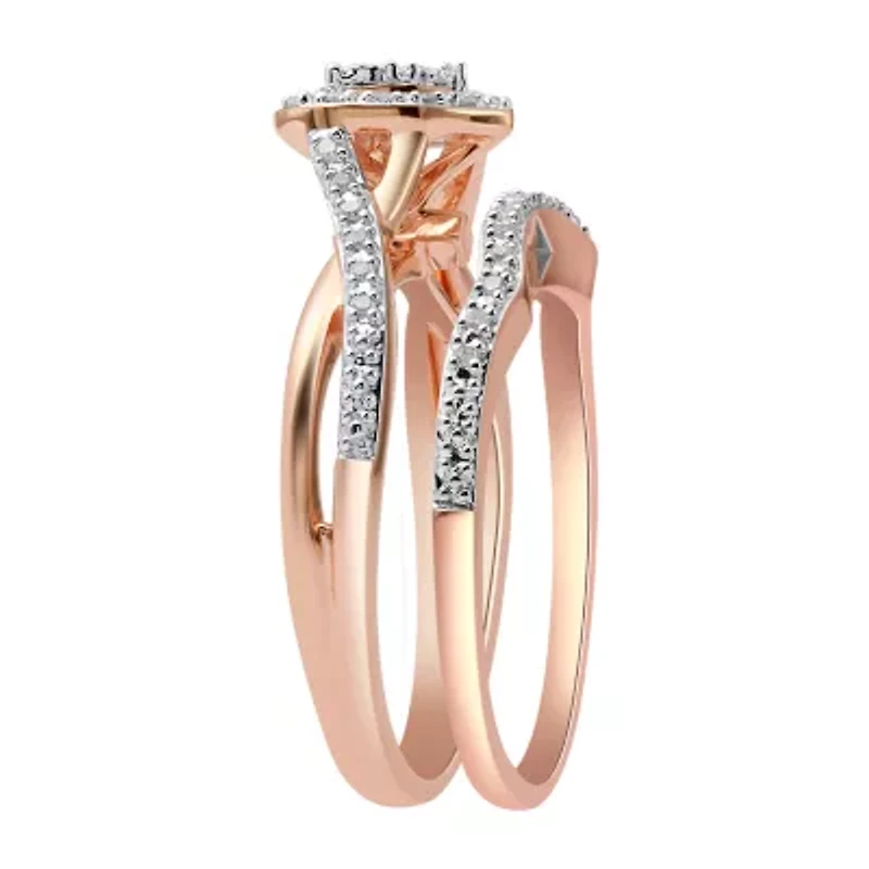 Surrounded by Love Womens 1/5 CT. Natural White Diamond 14K Rose Gold Over Silver Heart Side Stone Halo Bridal Set