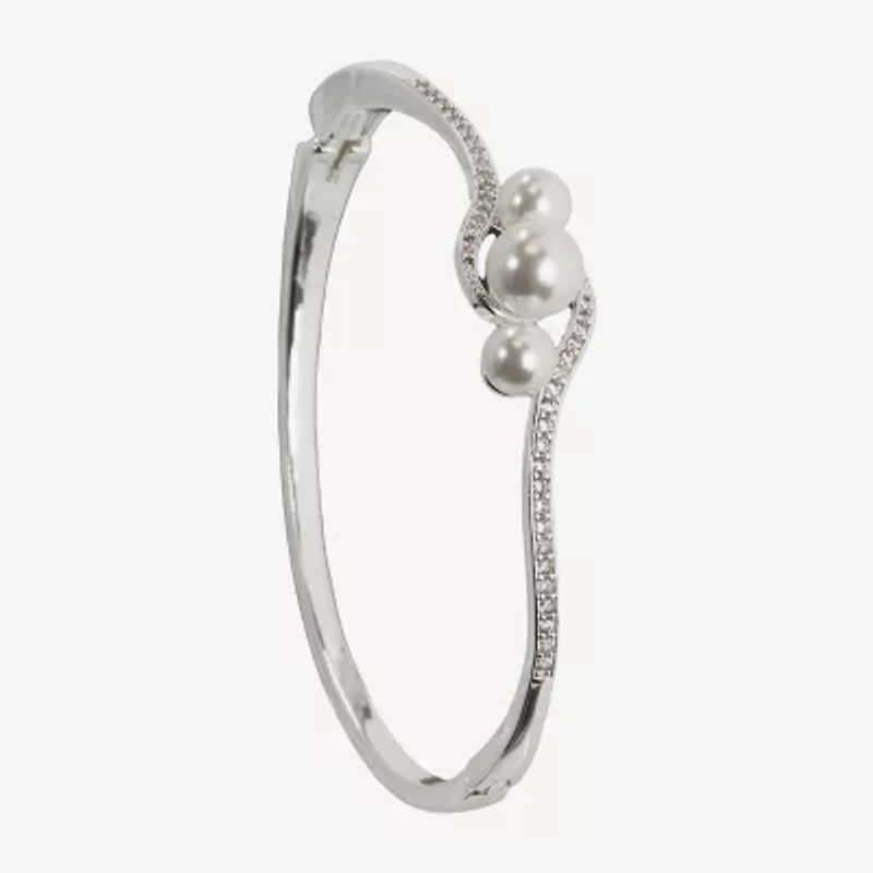 Sparkle Allure Womens Simulated Pearl Pure Silver Over Brass Bangle Bracelet