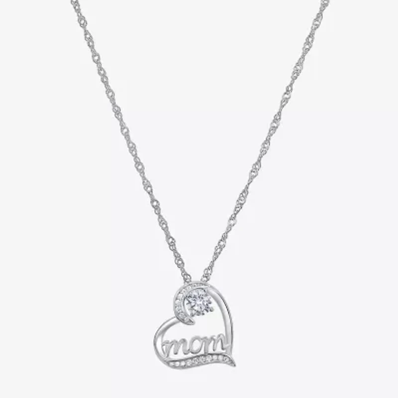 Diamonart "Mom" Womens White Cubic Zirconia Sterling Silver Heart 18 Inch Pendant Necklace