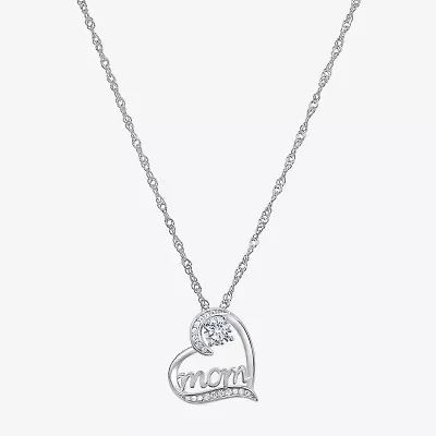 Diamonart "Mom" Womens White Cubic Zirconia Sterling Silver Heart 18 Inch Pendant Necklace